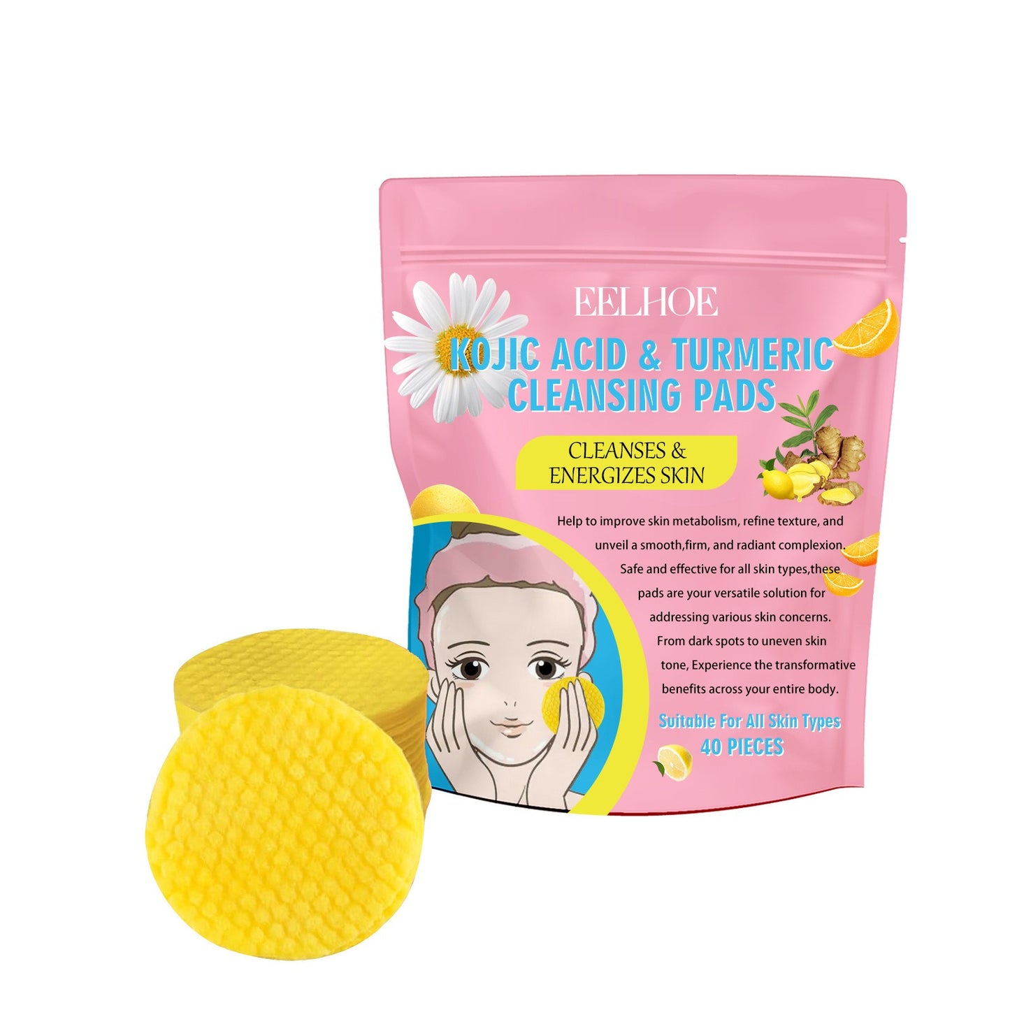 EELHOE Turmeric Kojic Acid Cleansing Pads Exfoliating Pads Facial Sponges For Cleansing Exfoliating Daily Cleansing Skin Care (40 PCS)